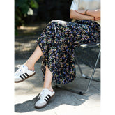 Womens Black Silk Maxi Skirt Floral Print Long Silk Dress